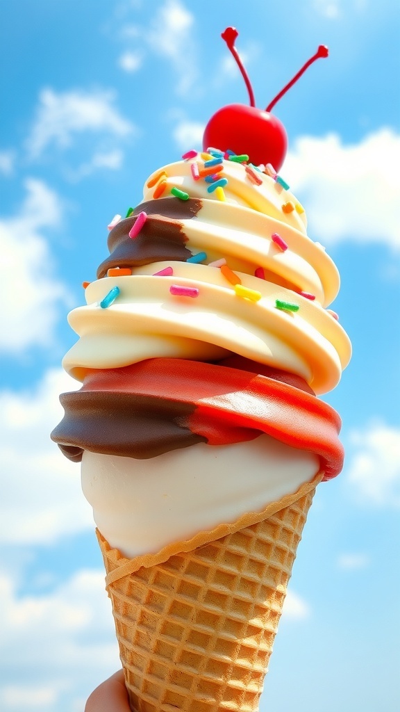A cone of triple flavor ice cream with chocolate, vanilla, and strawberry layers, topped with sprinkles and a cherry.